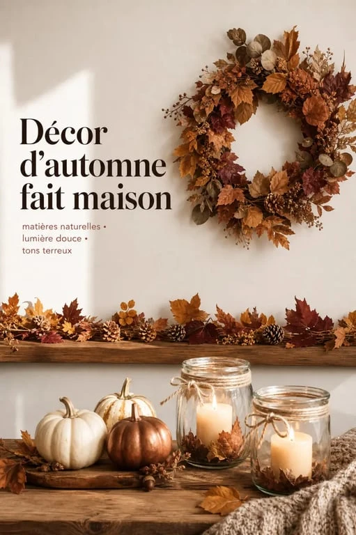 Décoration d'automne fait maison dans un salon chaleureux avec couronne, photophores et guirlande de feuilles
