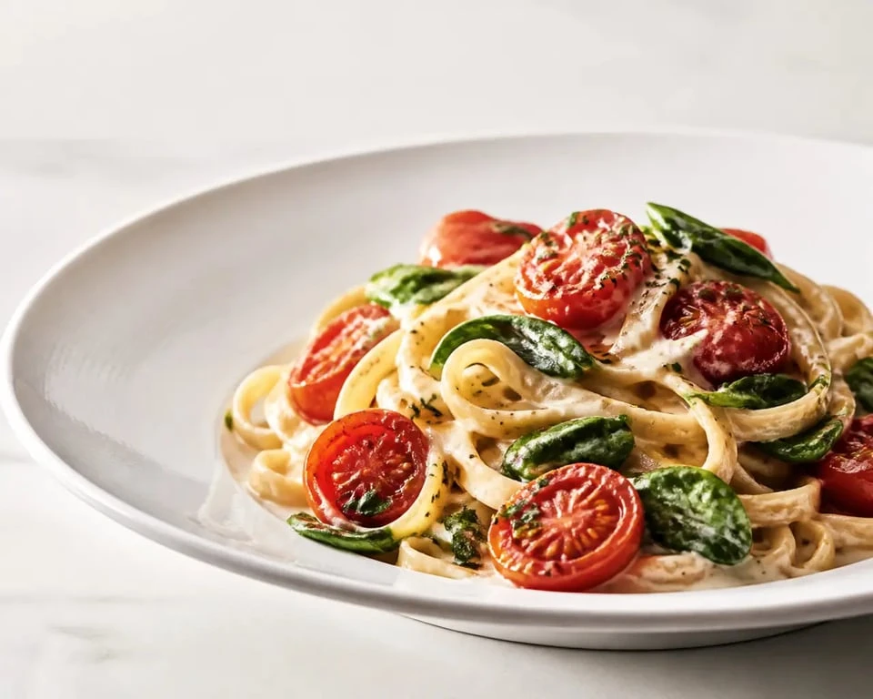 boursin recettes cuisine : pâtes crémeuses au Boursin avec tomates rôties et épinards dans une assiette blanche