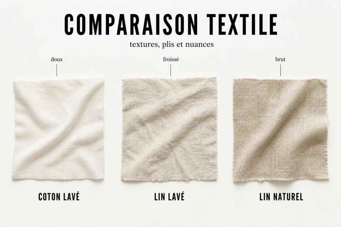 Linge de maison Vent du Sud : comparaison visuelle des matières coton lavé, lin lavé et lin naturel