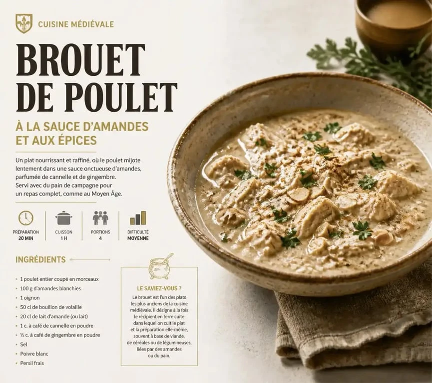 Recette médiévale : Brouet de poulet aux amandes, un plat traditionnel du Moyen Âge