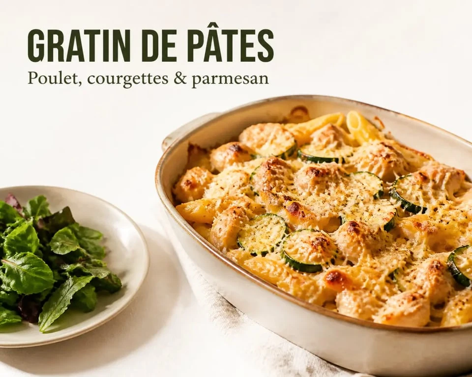 Meilleures recettes de cuisine : gratin de pâtes au poulet, courgettes et parmesan doré et servi à table