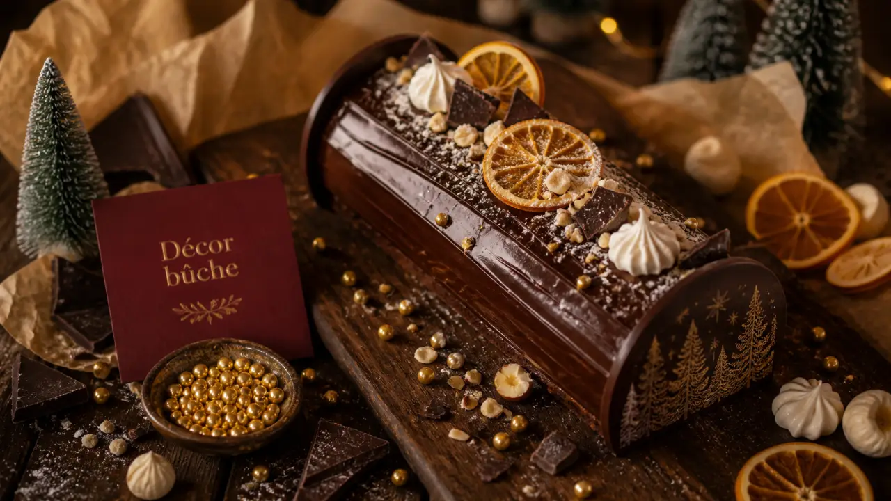 Idées déco buche de noel : bûche chocolat roulée, éclats chocolat et perles sucre dorées