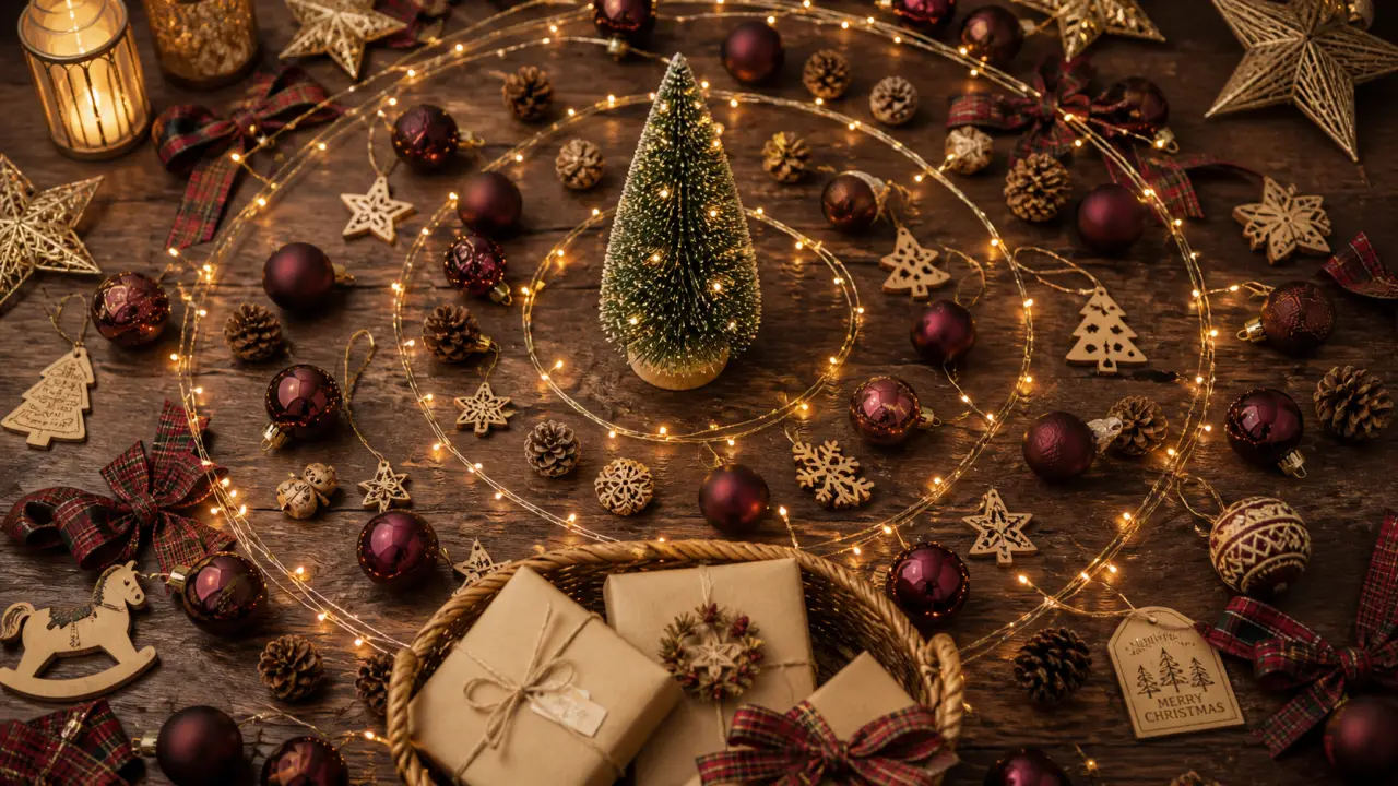 Idées déco sapin : sapin miniature bordeaux et or, matières et guirlandes