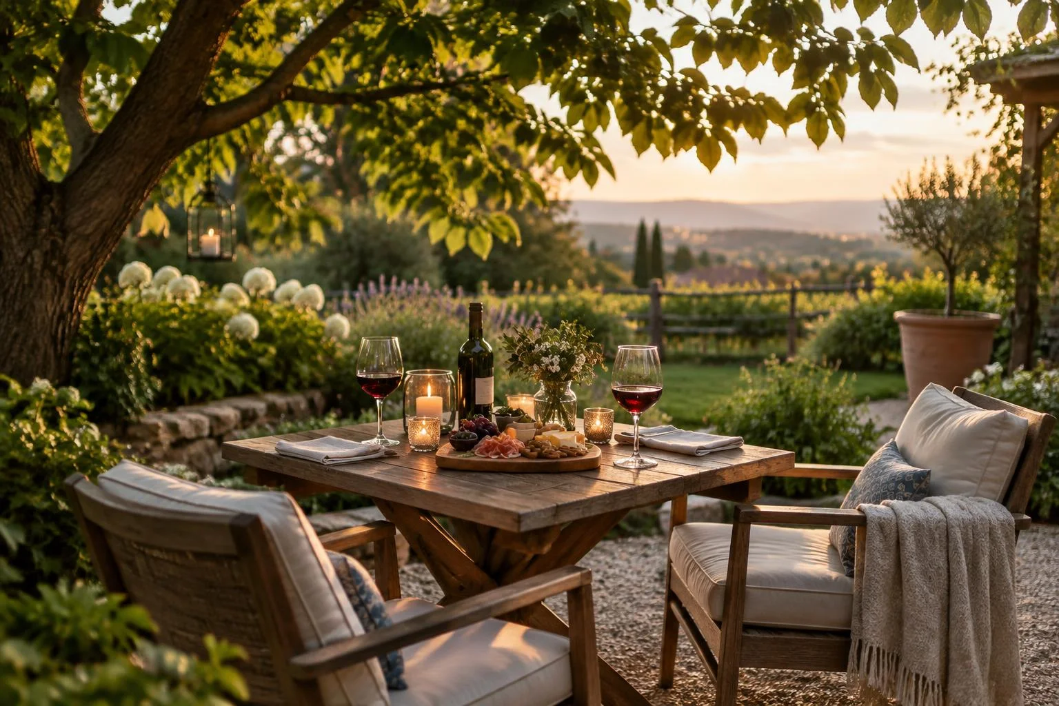 Coin dégustation convivial au jardin : ombre et détails