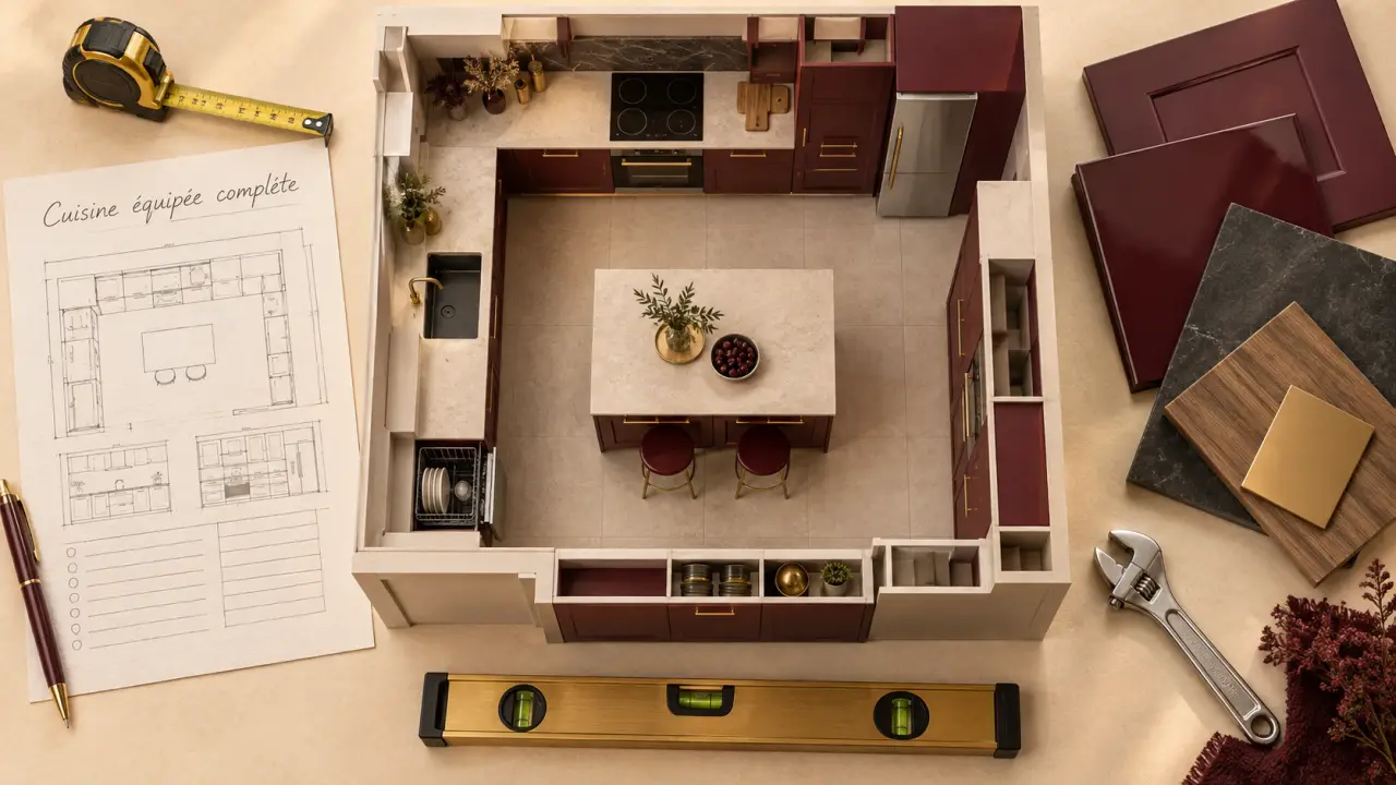 Cuisine équipée complete : 90 cm de passage et 3 zones bien placées