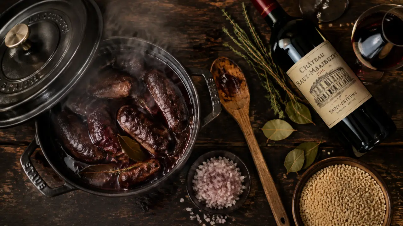 Diots au vin rouge fumants en cocotte, sauce sombre qui nappe