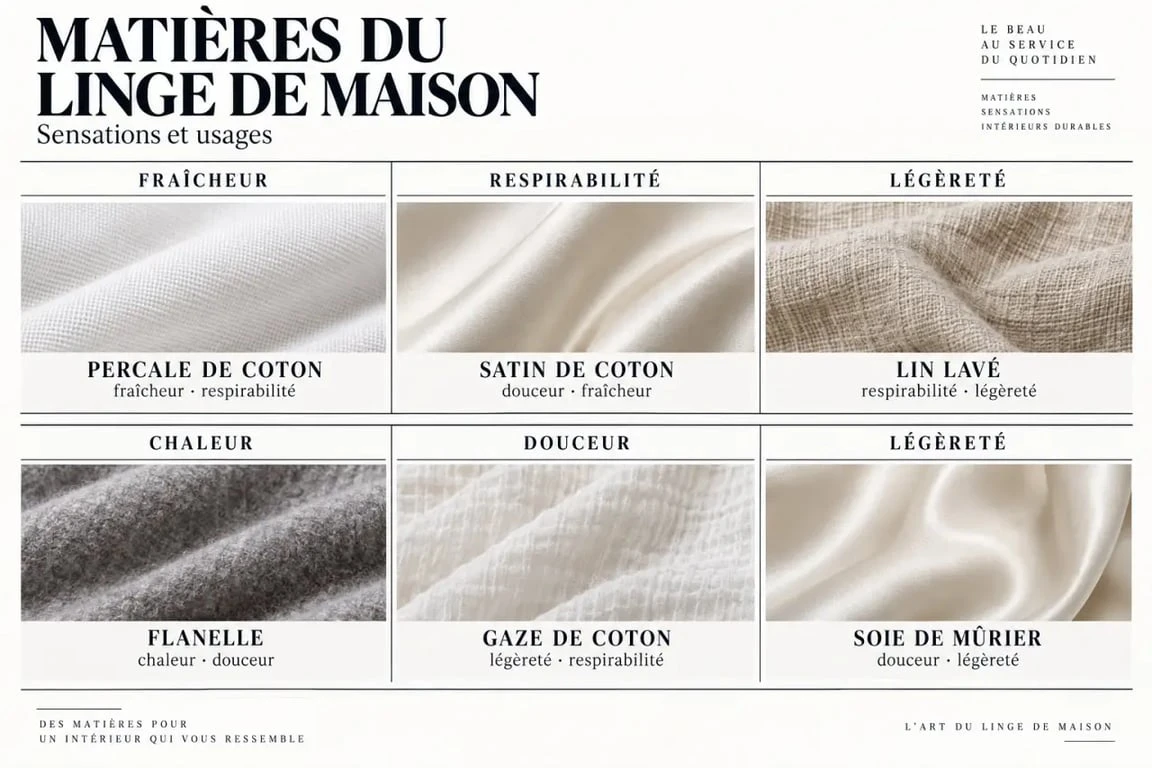 Infographie des matières pour choisir un linge de maison qualité selon la fraîcheur, la chaleur et la douceur