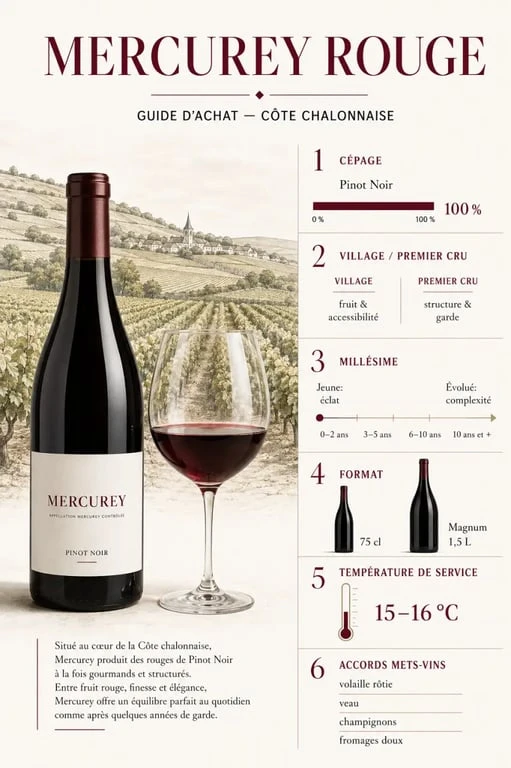 Infographie Mercurey vin rouge sur le Pinot Noir, le village et le premier cru, le service et les accords