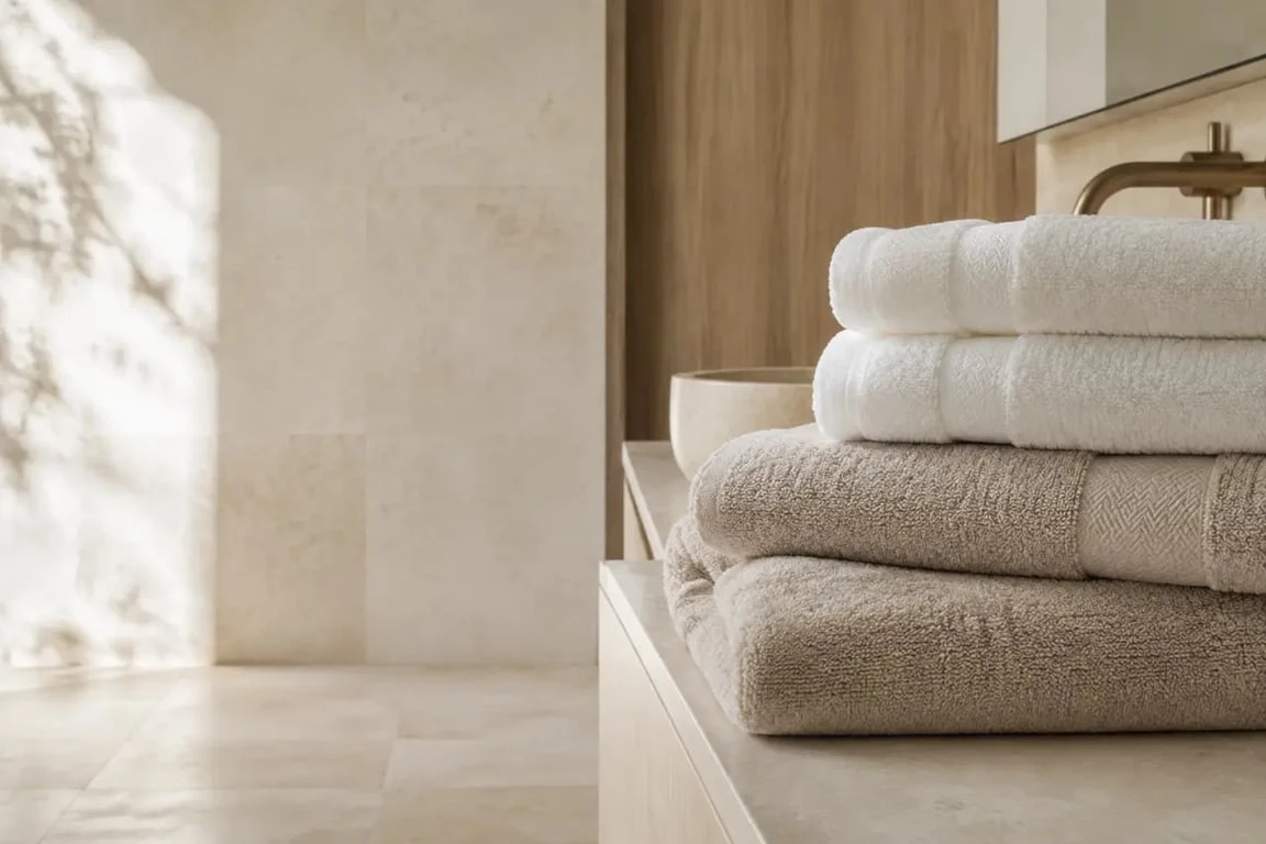 Linge de maison Descamps dans une salle de bains avec serviettes aux finitions raffinées