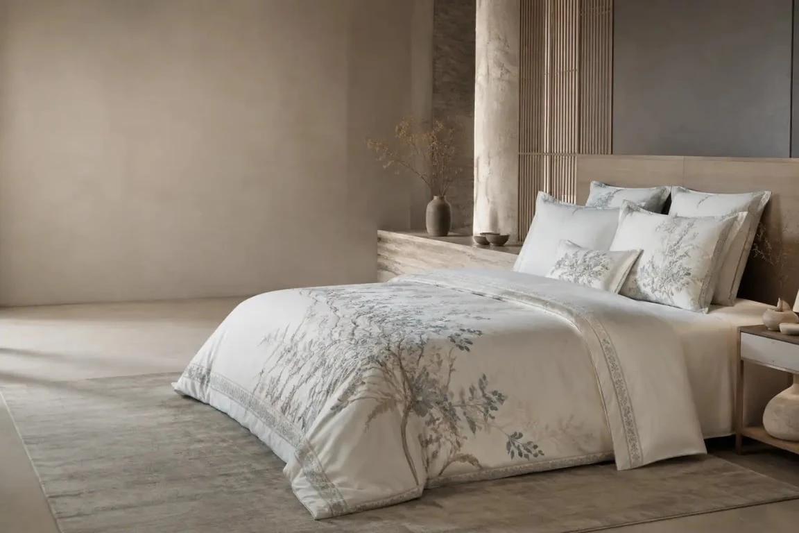 Linge de maison Descamps dans une chambre élégante avec parure de lit brodée
