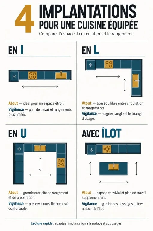 Infographie des implantations d’une cuisine équipée complète en I, L, U et avec îlot