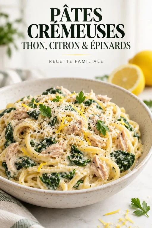 Recettes cuisine A à Z : pâtes crémeuses au thon, citron et épinards