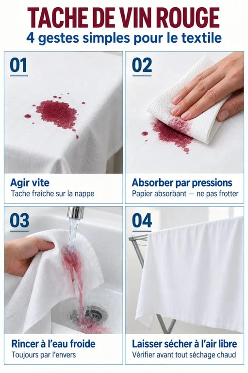Comment enlever des taches de vin rouge : absorber, rincer à l'eau froide et sécher un textile
