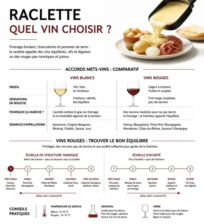 Infographie comparative des accords vin rouge et raclette pour un choix optimal