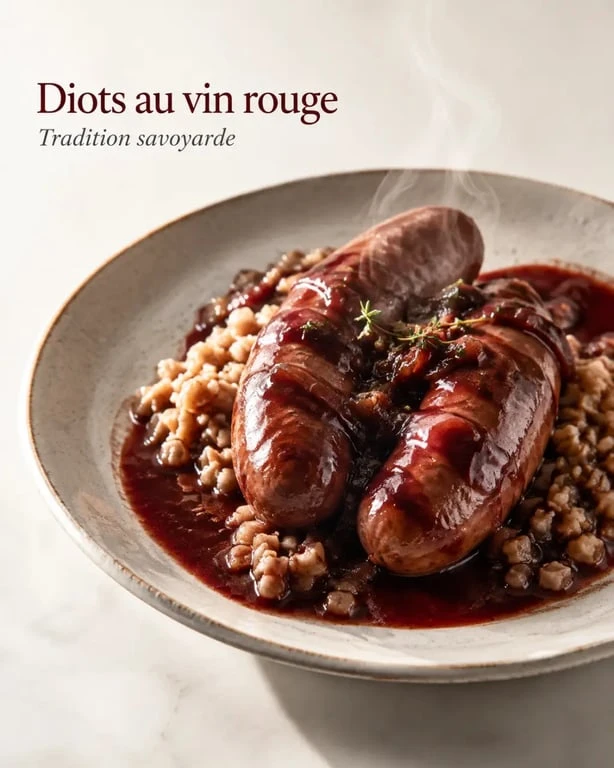 Diots au vin rouge servis en assiette avec sauce nappante et accompagnement savoyard