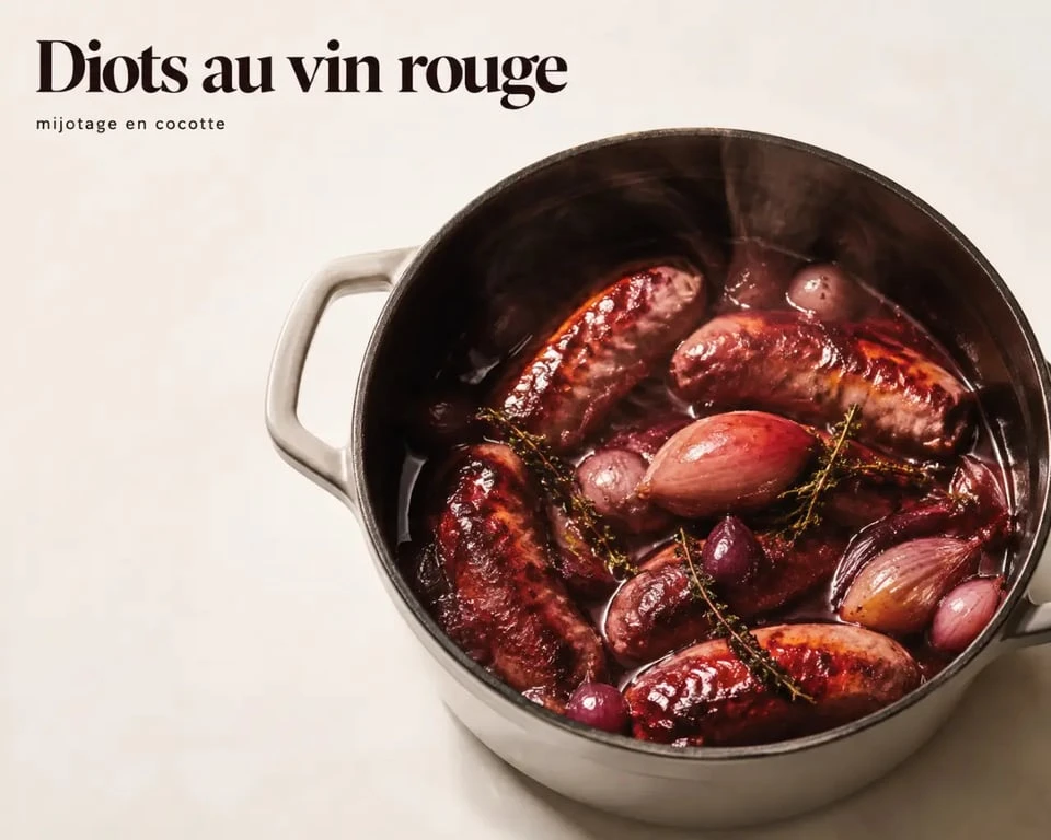 Diots au vin rouge mijotant en cocotte avec sauce réduite
