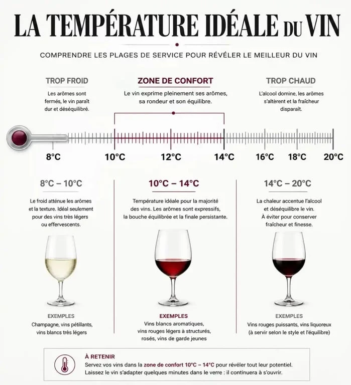 Infographie sur la température idéale pour une cave à vin et les zones de conservation