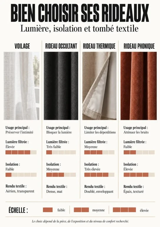 Infographie comparative sur le linge de maison rideau : voilage, occultant, thermique et phonique