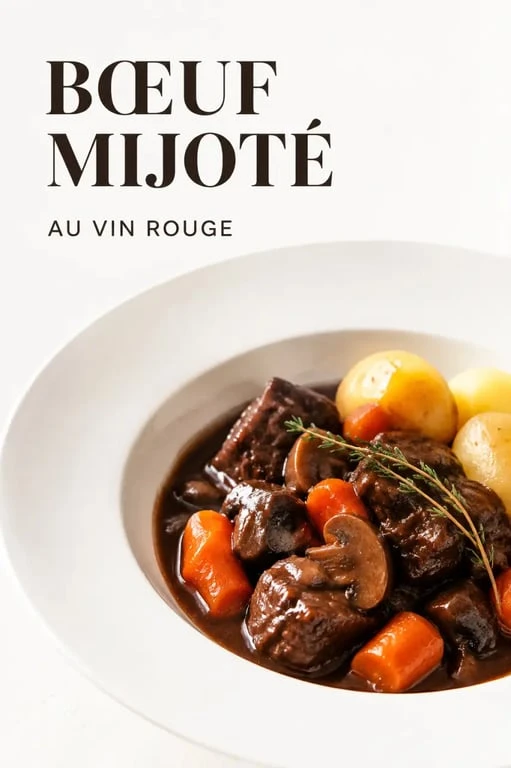 Recette avec vin rouge de bœuf mijoté servi en assiette creuse