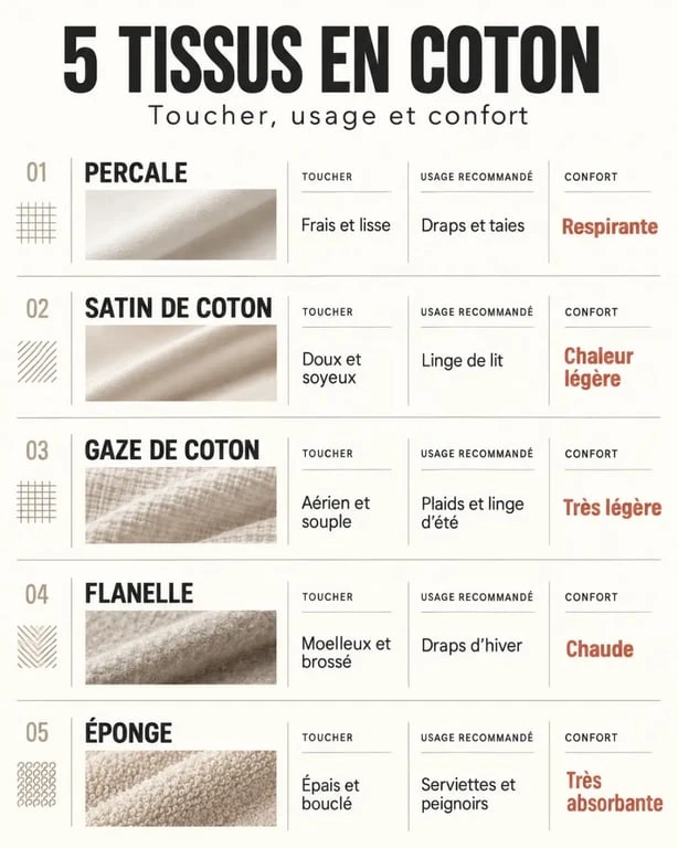 Infographie comparative du linge de maison coton : percale, satin, gaze, flanelle et éponge