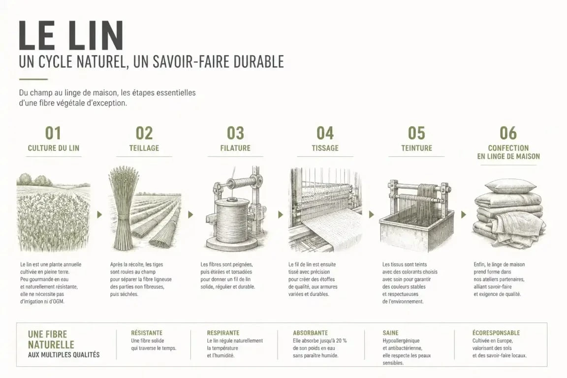 Cycle de fabrication du linge de maison en lin, de la culture à la confection