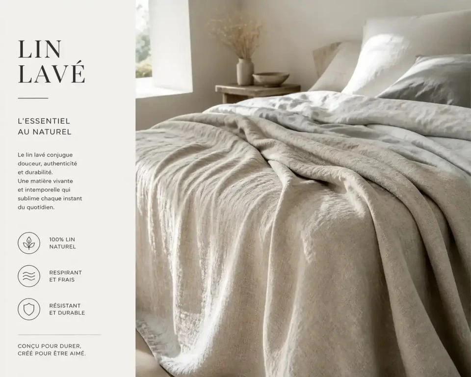 Linge de maison en lin lavé sur un lit, texture froissée naturelle