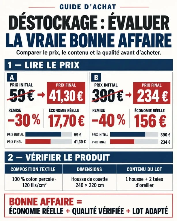 Infographie sur le déstockage de linge de maison de luxe et le calcul d'une remise