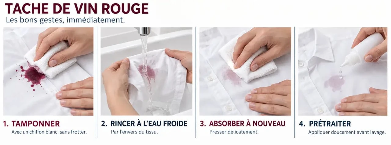 Étapes pour enlever une tache de vin rouge sur un vêtement avec tamponnement et rinçage à l’eau froide
