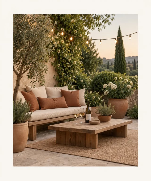 Aménager un coin dégustation convivial dans son jardin style bohème avec guirlandes lumineuses