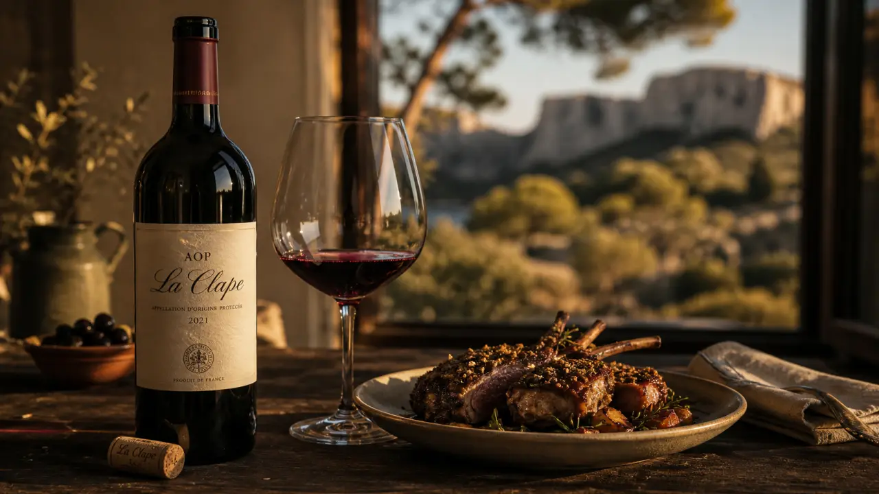 La clape vin rouge en verre rubis, garrigue et falaises en arrière-plan