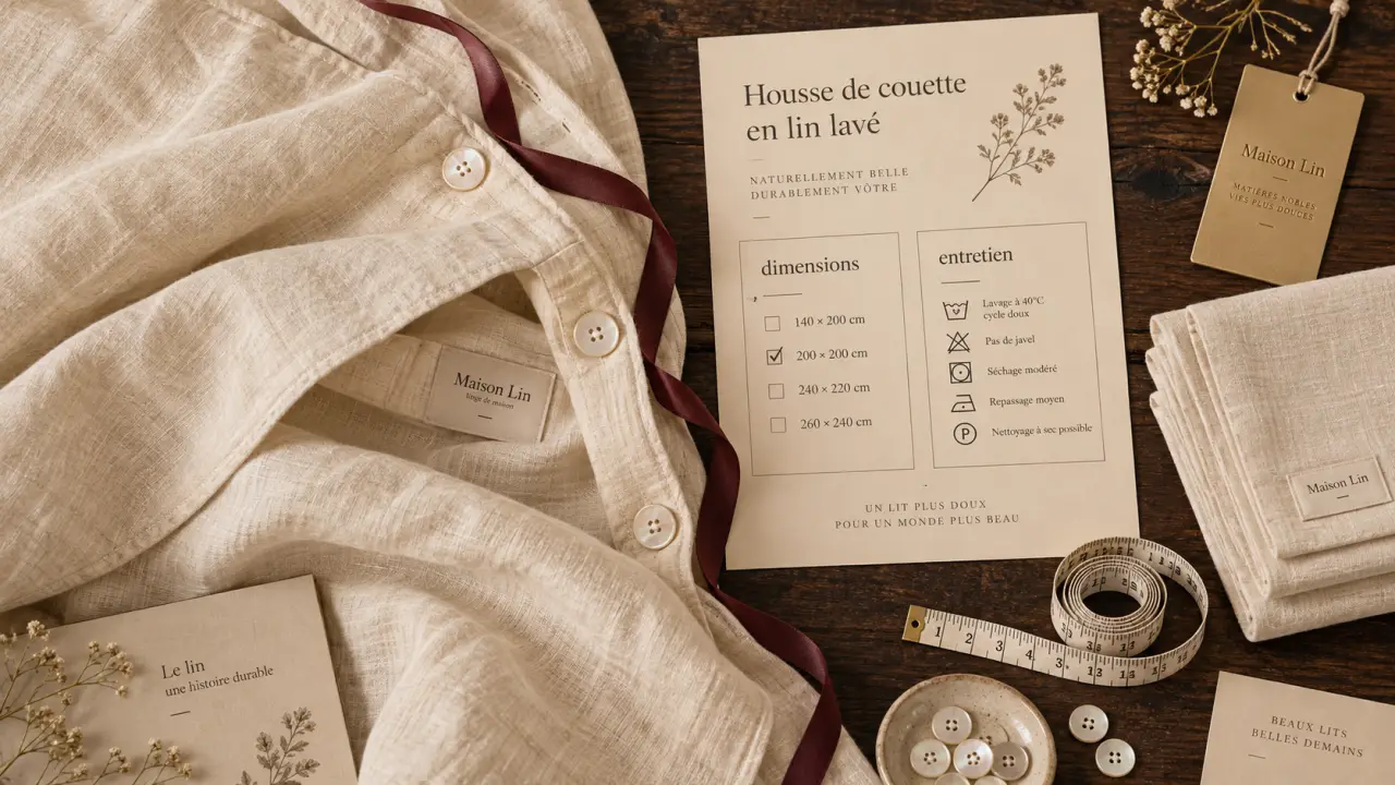 Linge de maison jalla : housse de couette en lin et étiquette produit