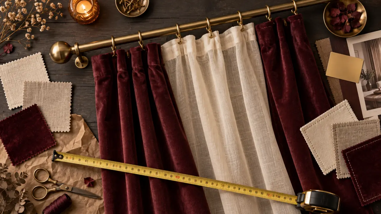 Linge de maison rideau : voilage beige et occultant bordeaux