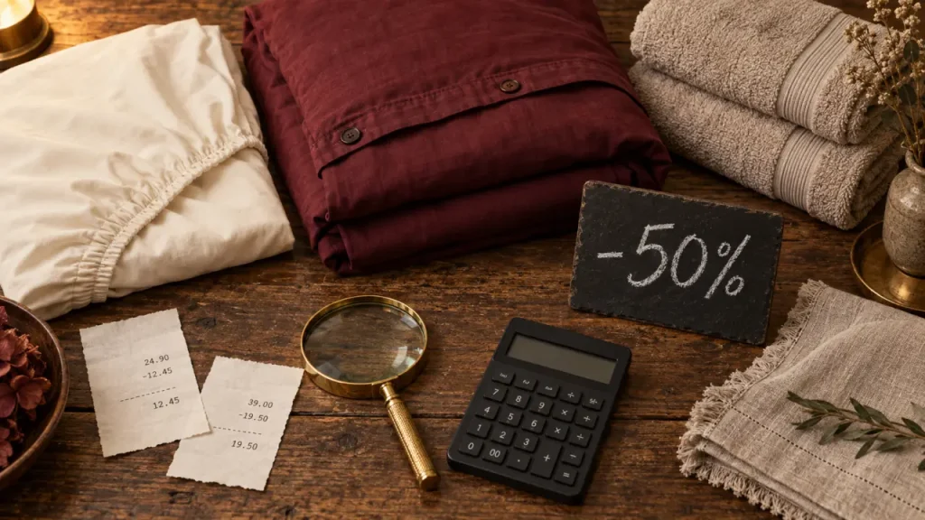 Linge de maison soldé : les matières, remises et filtres à vérifier