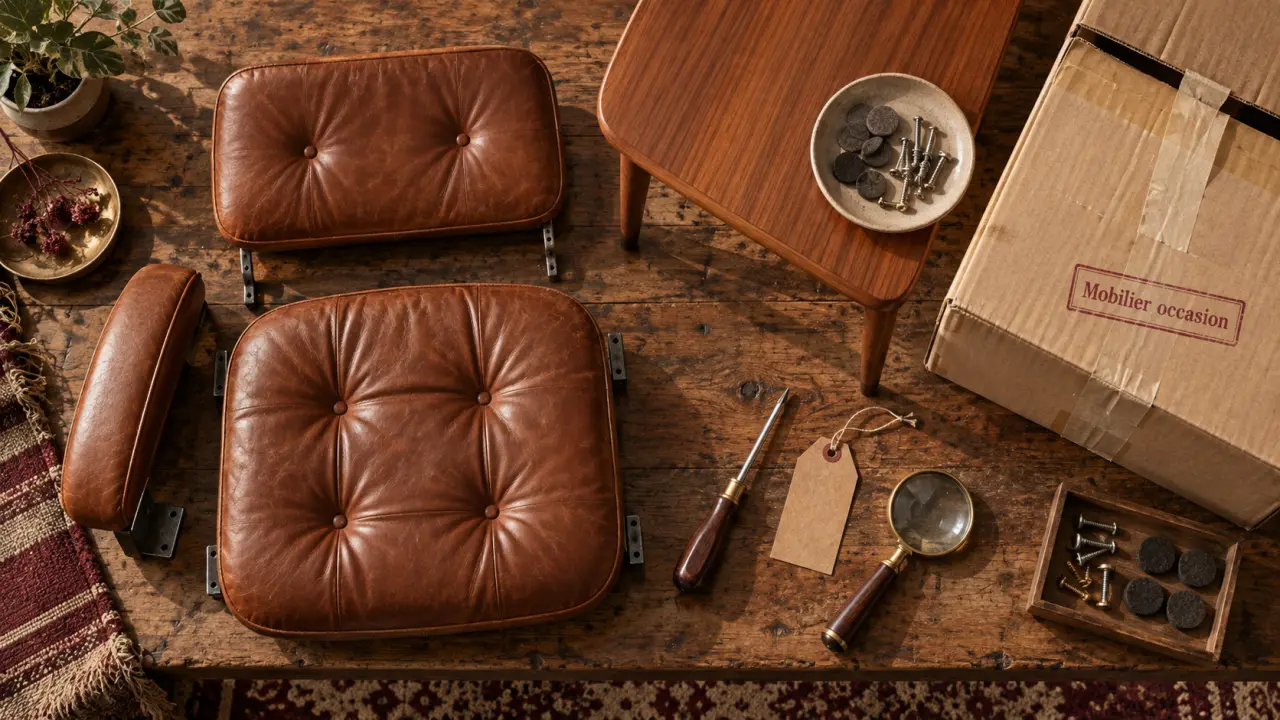 Mobilier design occasion : vérifier fauteuil en cuir cognac démonté