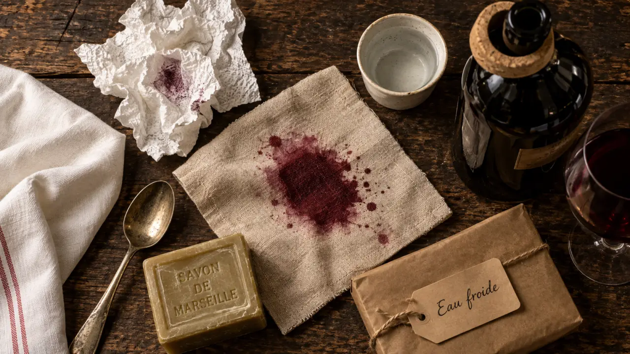 Tache de vin rouge sur tissu : eau froide et papier absorbant, pour éviter l’auréole