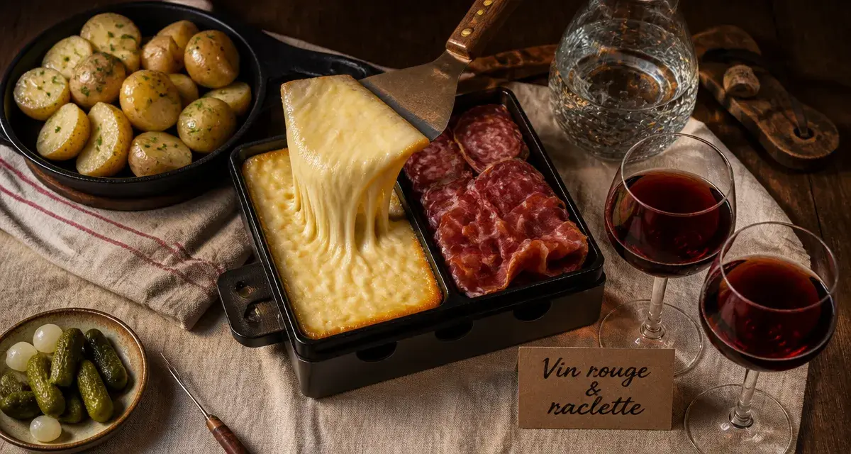 Vin rouge raclette : verre de vin rouge avec raclette et fromage fondu