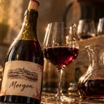 Morgon vin rouge Beaujolais : bouteille sur table bois, verre et reflets dorés