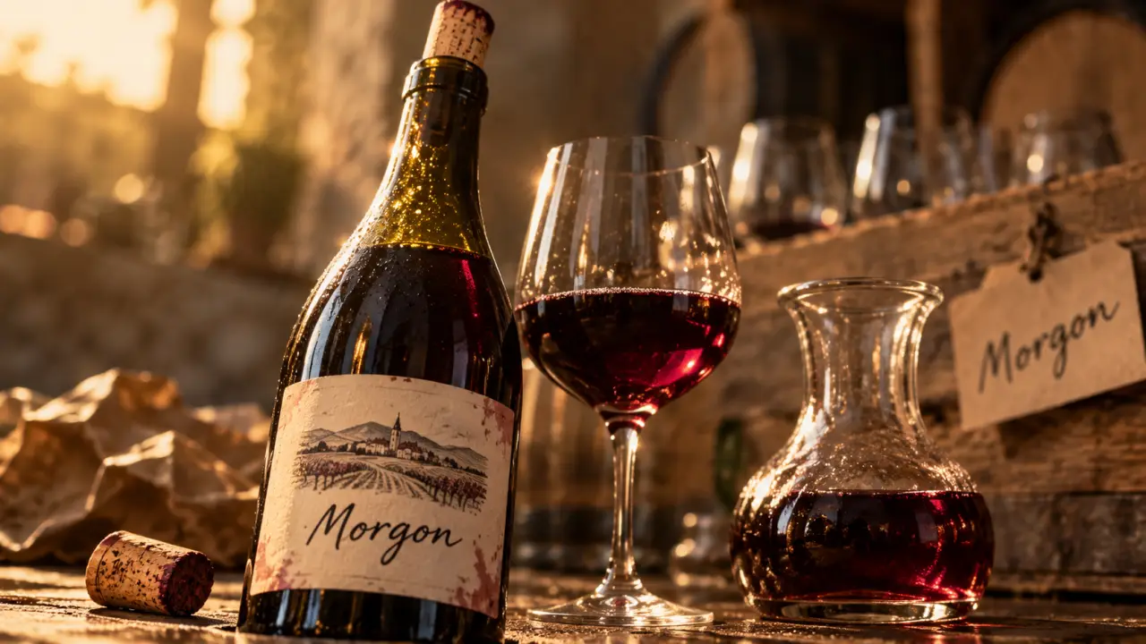 Morgon vin rouge Beaujolais : bouteille sur table bois, verre et reflets dorés