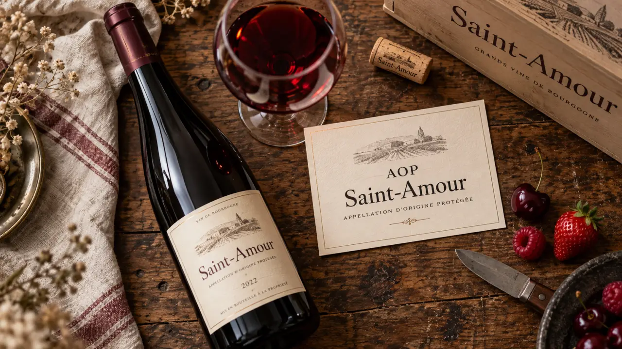 Vin rouge saint amour : bouteille et verre sur table bois, baies